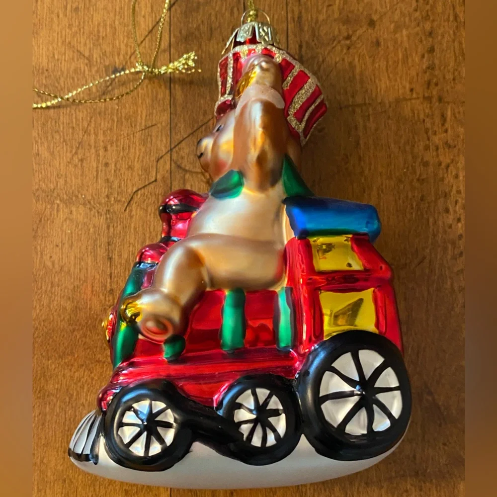 Vtg Lao Mai Christmas Bear Driving Train Glass Ornament